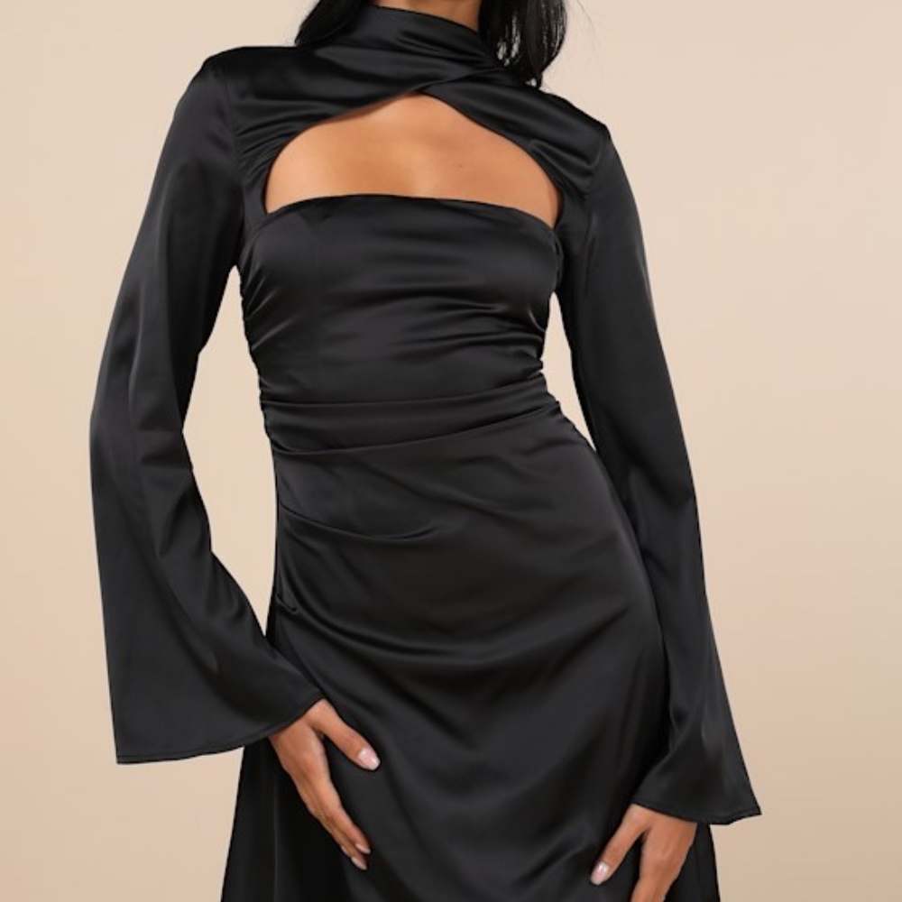 NWT Lulu’s Sultry Elevation Black Satin Long Sleeve Cutout Mini Dress